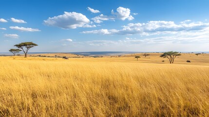 Obraz premium A vast savannah with golden grasses, acacia trees, and wildlife including elephants.