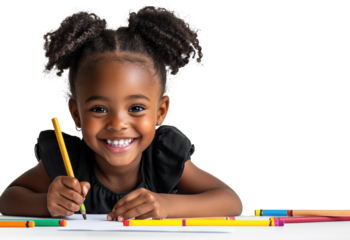 Smiling Child Drawing with Colorful Pencils
