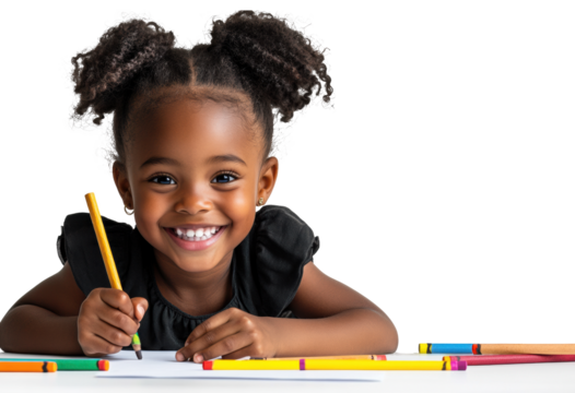 Smiling Child Drawing with Colorful Pencils