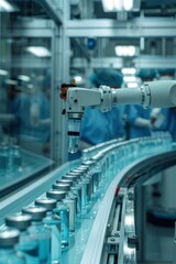 Naklejka premium Sterile Pharmaceutical Lab with Robotic Vaccine Production and Monitoring