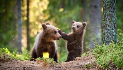 Obraz premium Two little bears cubs playing with each other in the forest