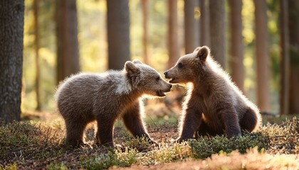 Fototapeta premium Two little bears cubs playing with each other in the forest