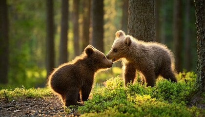 Fototapeta premium Two little bears cubs playing with each other in the forest