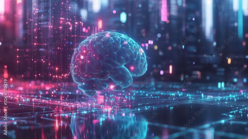 Poster a digital brain floating in a futuristic cityscape, symbolizing advanced technology and intelligence