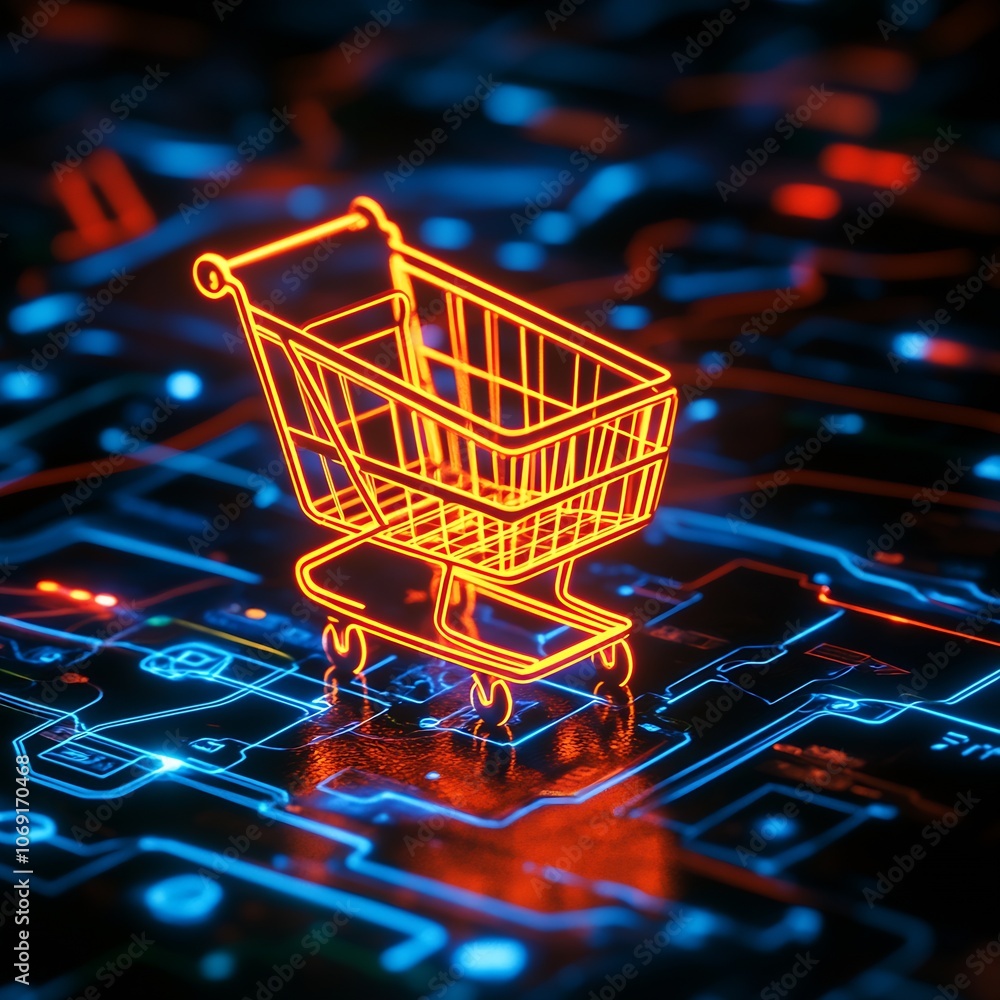 Poster bright neon shopping cart icon on electronic circuit board : generative ai