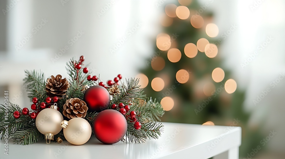 Poster festive christmas table arrangement with pine cones and baubles against a blurred decorated tree : g