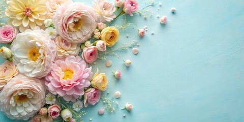 Pastel Floral Arrangement on Blue Wooden Background, Floral Arrangement, Flower Background, Wedding Decoration