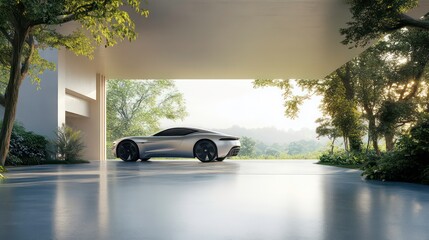 A sleek, modern car parked in a minimalist space with a natural landscape in the background.