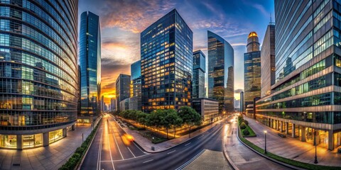 Fototapeta premium Modern Skyscrapers at Dusk, Panoramic View, Cityscape, Architecture, Urban, Glass Facades, Sunset
