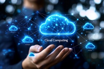 Hands holding a "Cloud Computing" network with interconnected icons symbolizing data processing cloud services and network integration in digital infrastructure