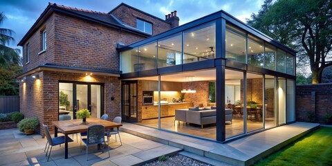 Modern Glass Extension to Brick Home, Evening Light, Outdoor Patio Dining, Brick, Glass, Architecture, Design