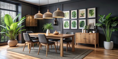 Obraz premium Modern Dining Room Interior with Wooden Table and Black Chairs, Grey Rug, and Tropical Plants, 3D Rendering, Interior Design, Home Decor, Dining Room