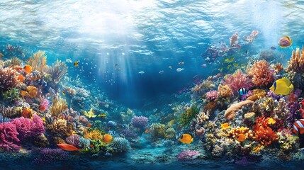 Naklejka premium A vibrant coral reef teeming with colorful fish and diverse marine life, set against crystal clear ocean water