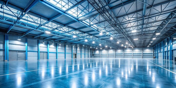 Industrial Warehouse with Blue Steel Beams and Gleaming Floor, industrial architecture, warehouse interior, commercial building