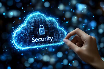 Hand pressing blue "Security" cloud icon symbolizing secure data access cyber protection and cloud based security measures in IT environments