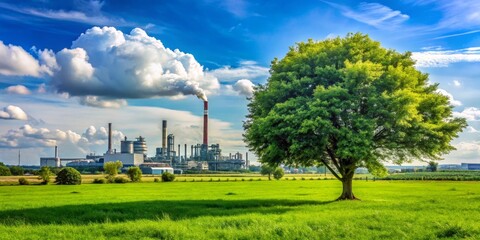 Obraz premium Green Hope Amidst Industrial Smoke, Blue Sky, Lush Grass, Tall Tree, Factory, Pollution, Environment