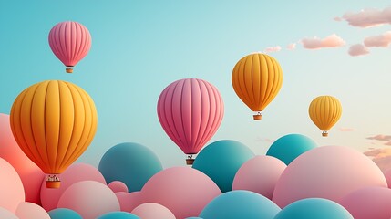 Colorful hot air balloons floating above fluffy pink and blue clouds in a serene sky : Generative AI