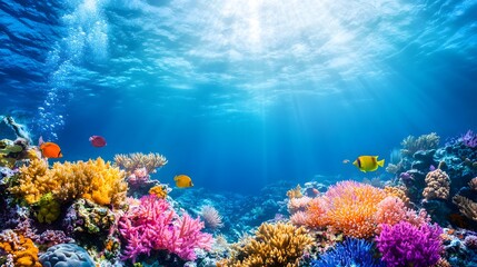 Naklejka premium A vibrant coral reef teeming with colorful fish and diverse marine life, set against crystal clear ocean water