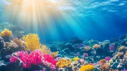 Fototapeta premium A vibrant coral reef with diverse marine life, clear water, and sunlight.