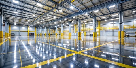 Empty Industrial Warehouse with Bright Lighting and Yellow Lines, Industrial, Warehouse, Factory
