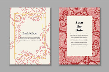 Two greeting cards templates set with paisley motifs. Wedding invitation with oriental decoration. Modern abstract stationary design.