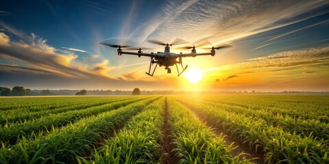 Drone Flying Over Green Field at Sunset, drone photography, aerial photography, agriculture