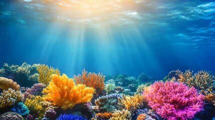 Naklejka premium A vibrant coral reef with diverse marine life, clear water, and sunlight.