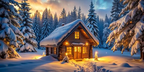 Fototapeta premium Cozy Cabin in a Snowy Forest, Winter Wonderland, Cabin Lights, Snow Covered Trees, Winter Scene, Winter, Cabin