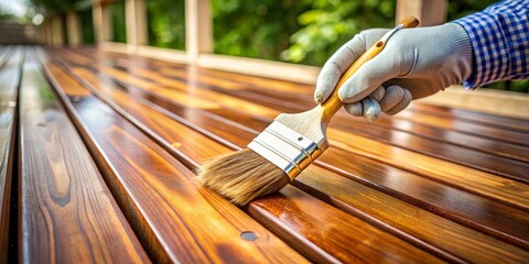 Close-up of a gloved hand applying wood stain to a wooden deck, paintbrush, wood stain, outdoor project, wood stain, deck staining, diy project