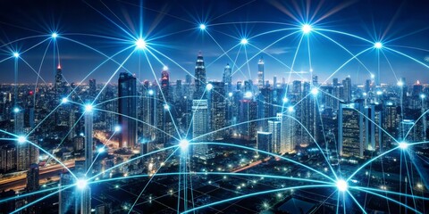 Cityscape with glowing network connections, representing global connectivity and technological advancement. The futuristic digital network concept in the photo shows