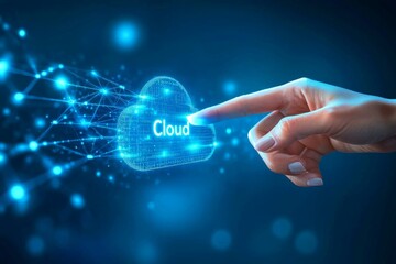 Naklejka premium Hand pointing at a glowing cloud network display symbolizing cloud integration data connectivity and secure cloud solutions in IT