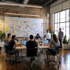 A vibrant creative agency on a busy day, with team members actively brainstorming and engaging with whiteboards covered in ideas