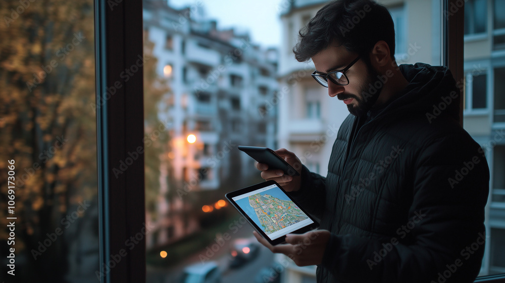 Poster by an open window, a man holds a phone with a map open while his laptop screen shows a property exte