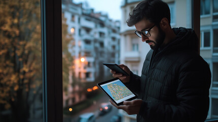 By an open window, a man holds a phone with a map open while his laptop screen shows a property exterior, presenting a digital and accessible way to explore homes.