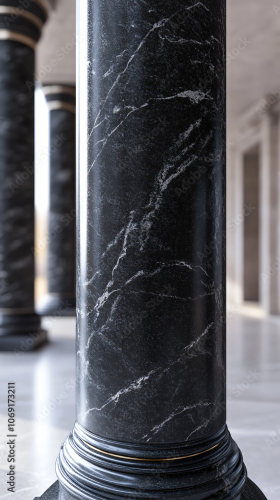Poster row of black marble columns inside a sunlit building with sunlight streaming through the doorway