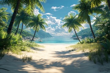 Fototapeta premium Secluded Tropical Beach Path with Lush Greenery and Blue Waters