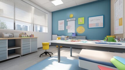 Spacious and Bright Classroom with Colorful Art Supplies
