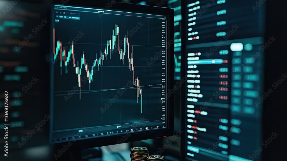 Poster close-up of a computer screen with stock market graphs and charts, coins stacked at the base, repres