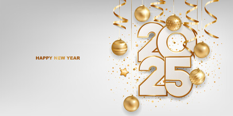 Happy new year 2025. White paper numbers with golden Christmas decoration and confetti on white background. Holiday greeting card design.