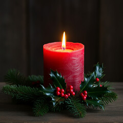 A red or white candle with holly leaves, berries, and a few pine branches wrapped around the base.