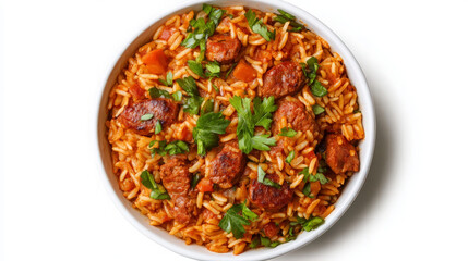 A bowl of flavorful rice and sausage dish garnished with fresh herbs.