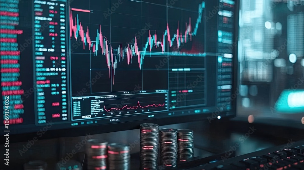 Poster close-up of a computer screen with stock market graphs and charts, coins stacked at the base, repres