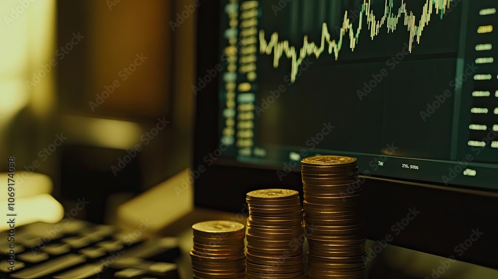 Poster close-up of a computer screen with stock market graphs and charts, coins stacked at the base, repres