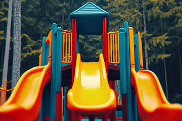 Playground filled with colorful slides and play areas.