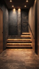 Fototapeta premium Warmly lit wooden staircase leading to a dark door in a modern interior design setting