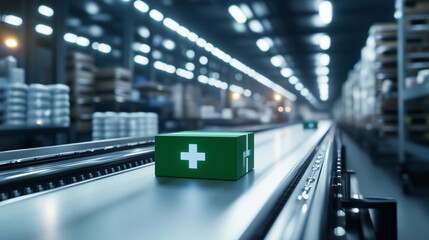 A modern conveyor belt with a green-crossed box passing through a spacious, high-tech warehouse filled with medical equipment, highlighting logistics in healthcare.