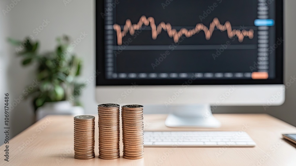 Poster computer monitor with stock charts, coins stacked in front representing financial concepts