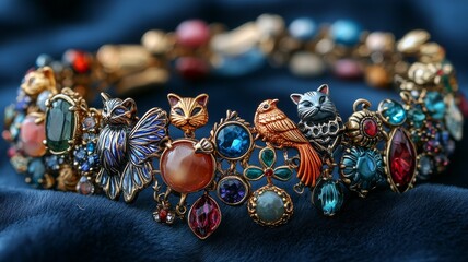 A charm bracelet featuring a variety of animal-themed charms such as cats, dogs, birds, and butterflies, each delicately hanging from the links