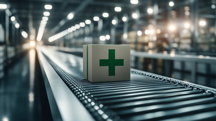 A box with a green cross glides along a conveyor belt in a brightly illuminated warehouse, symbolizing modern medicine and reliable healthcare logistics.