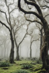 Obraz premium A Misty Forest Framed by Ancient Twisted Branches.